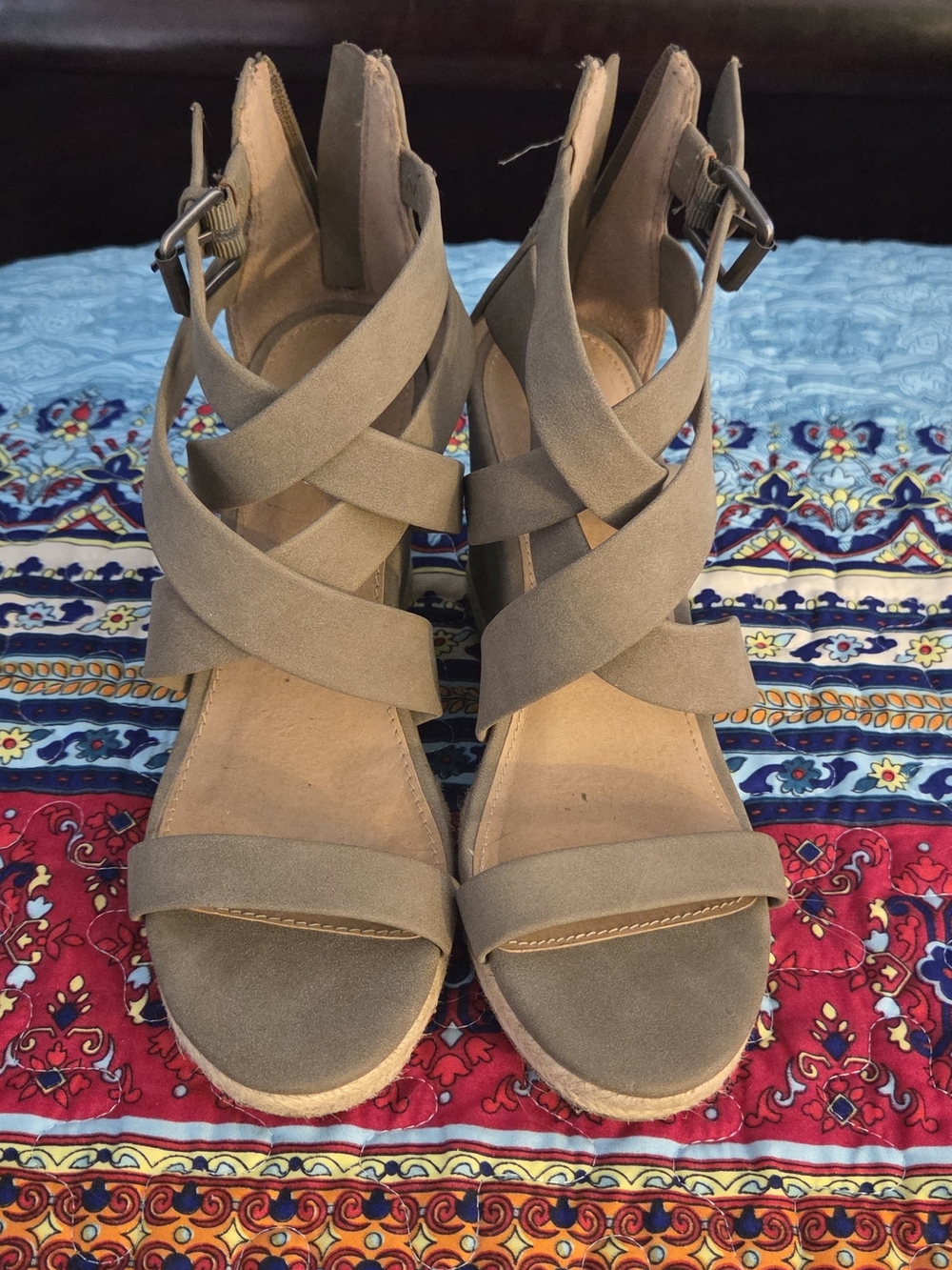Brash Taupe Crisscross Espadrille Wedge Sandals